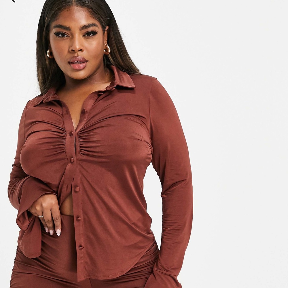 ASOS Curve Plus Womens Size 18 Top, Buttons, Brown, Silk